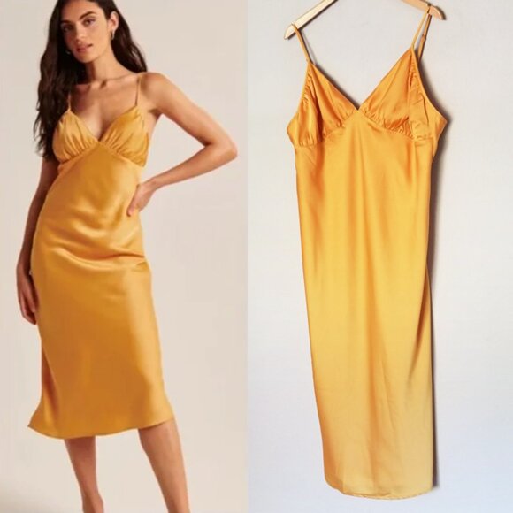 Abercrombie & Fitch Ruched Satin Slip Midi Dress XLP Marigold Dark Yellow $120 - Picture 4 of 16